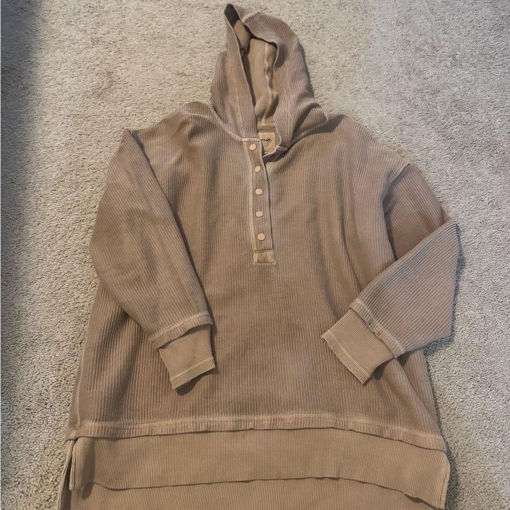 Aerie XS Oversized Tan Ribbed Hooded Sweatshirt
